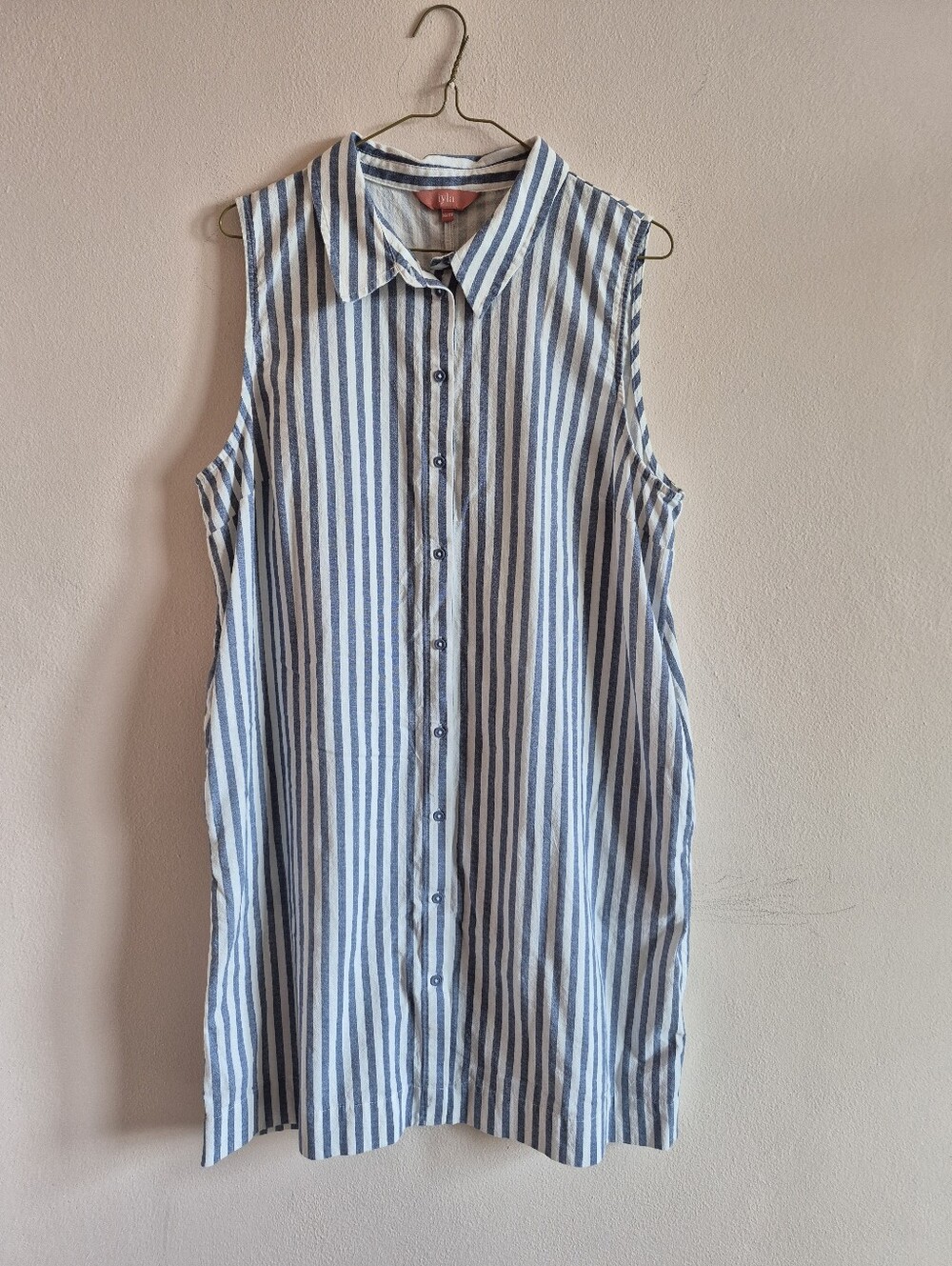 100% Cotton Sleeveless Shirt Dress XL Iyla Blue And White Stripes With Pockets